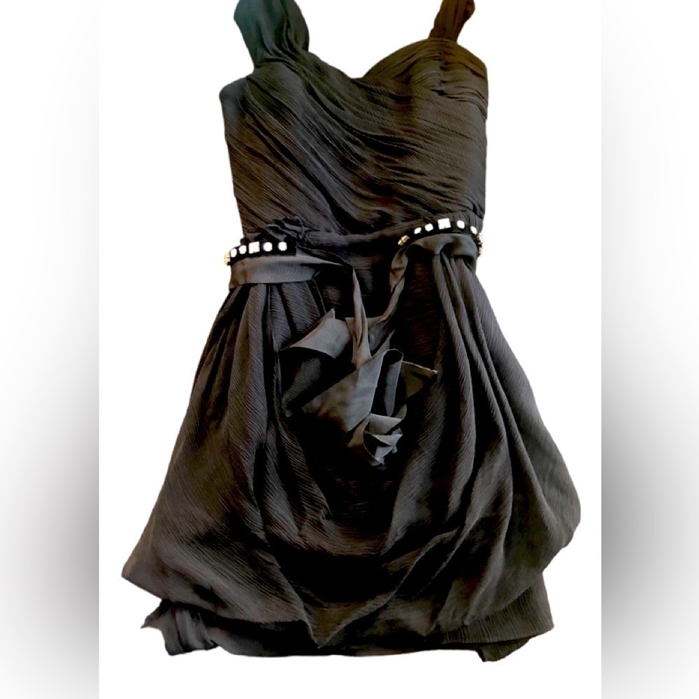 Vera Wang Lavender 100% Organza Silk Black Cocktail Dress 8 Rhinestone Belt